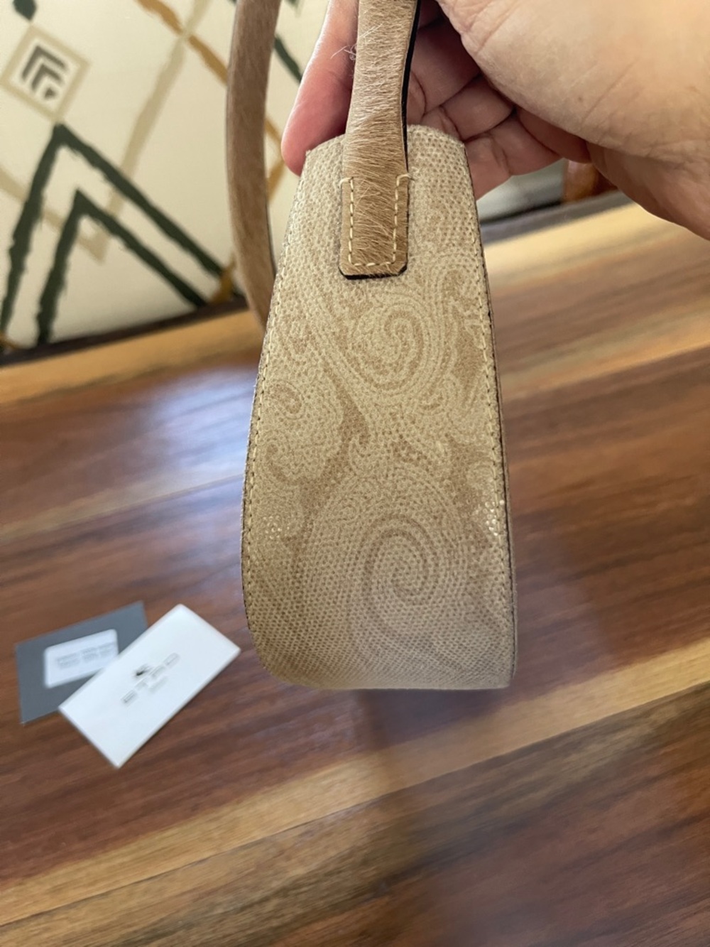 Etro Unique Light Cream & Taupe Paisley Print Fur Lined Strap Hand Bag. - Picture 3 of 8